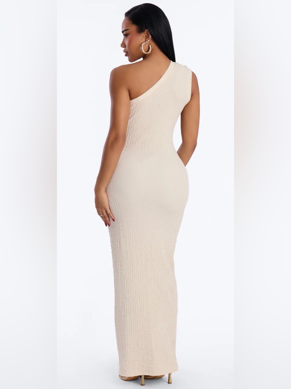 One-Shoulder Cream Maxi Dress with Floral Cutout - Picture 4 of 8